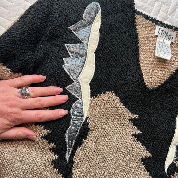 Erika VTG 80s Rockabilly Sweater NEW sz M Abstract Black Knit Preppy Winter Fall - Picture 5 of 9
